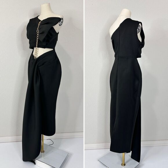 Eliya The Label Valorie Dress Black One Shoulder Chain Detail Aus L/ US M Glam - Picture 6 of 11